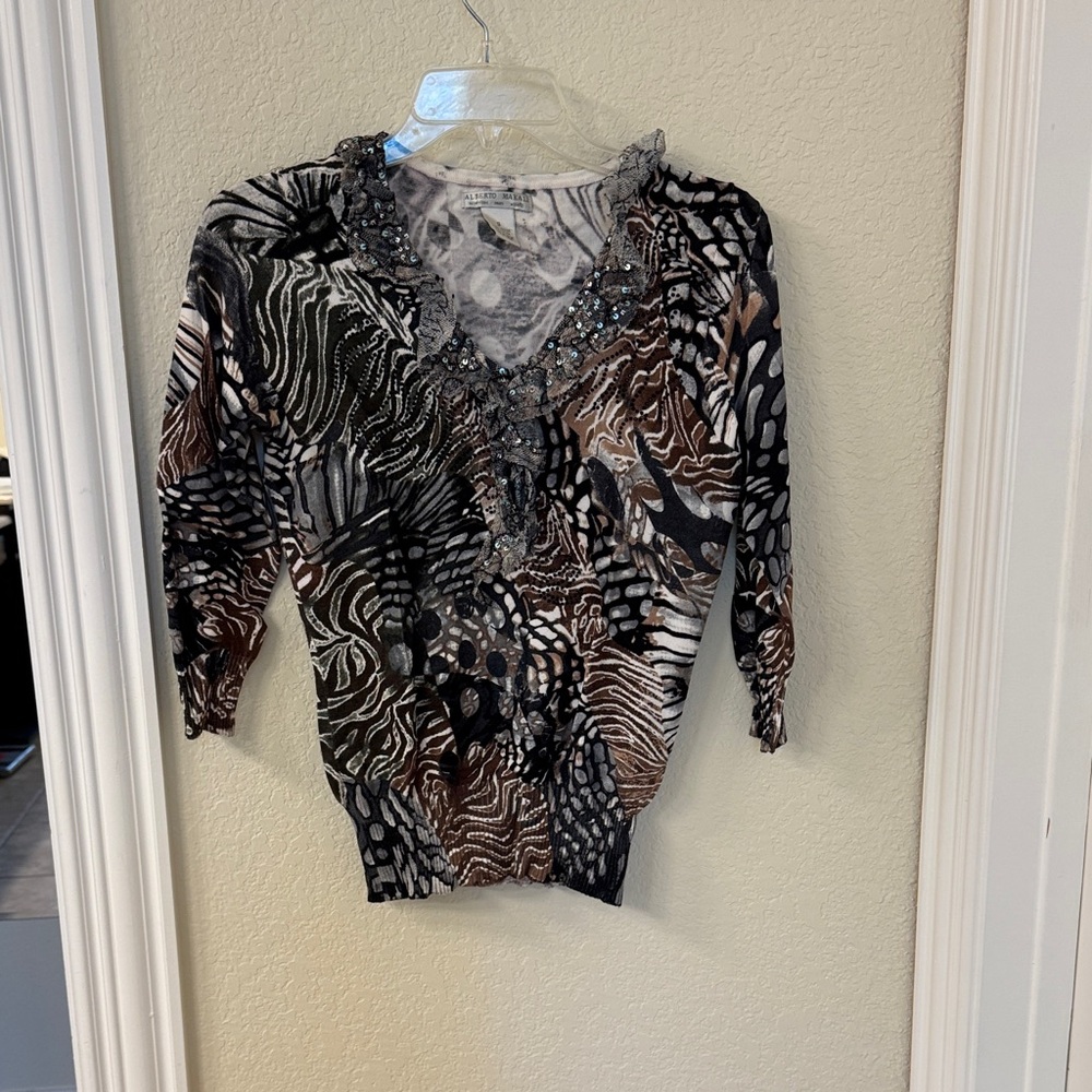 Alberto Makali Animal Print Beaded V-Neck Top